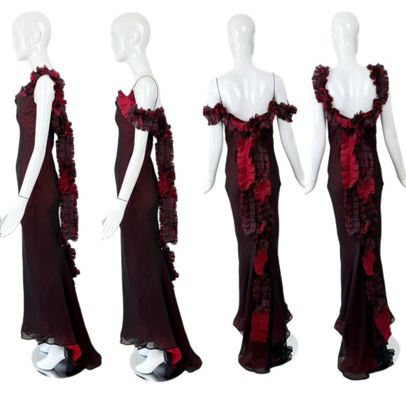 RICHARD TYLER COUTURE 1998 Vintage Silk Black + Red Gown Maxi Dress